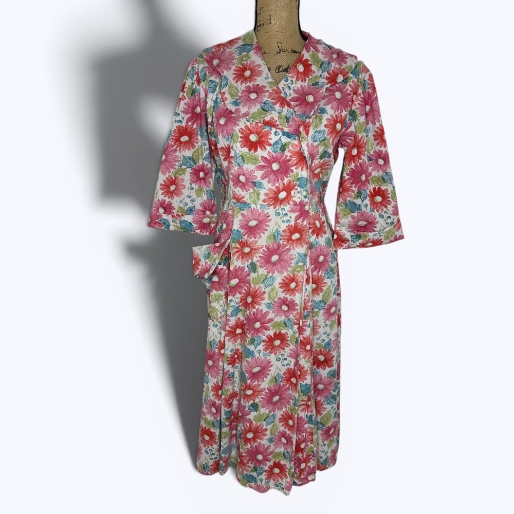 Vintage Handmade Floral Faux Wrap Midi Dress Double Breasted Garden Party 50s